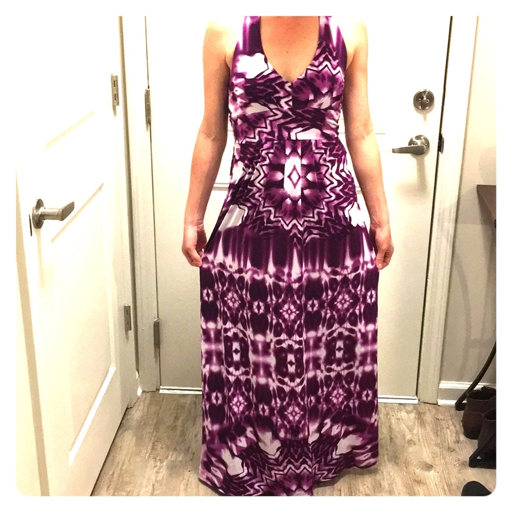 Purple and white tie dye halter maxi dress